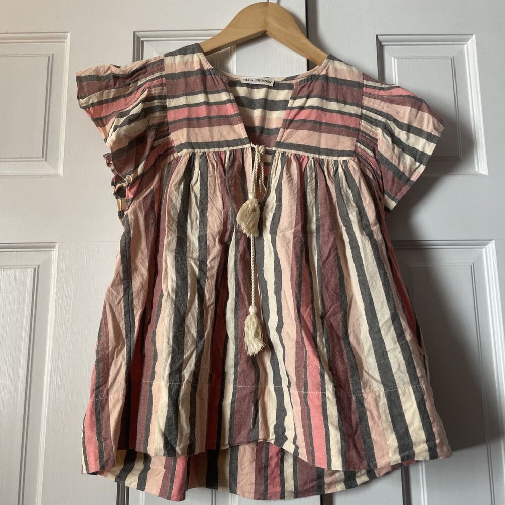 Ulla Johnson Amba Blouse Top Rosewood Pink Gray Striped Tassel Sleeve Size 6